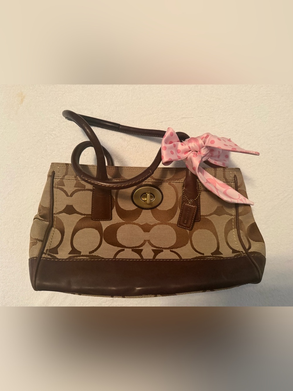 Coach Brown Signature Canvas Tote with Pink Polka Dot Scarf